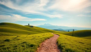 Visual representation of das 142 journey through serene landscape with rolling hills.