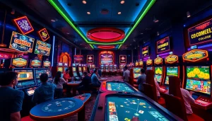 Engaging casino scene showcasing https://thabet.college/ with players enjoying games and vibrant neon lights