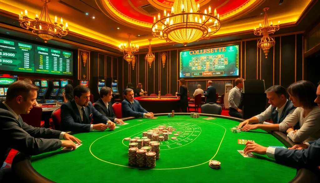 F168 players enjoy high-stakes poker at a glamorous casino table with vibrant chips and a roulette wheel.