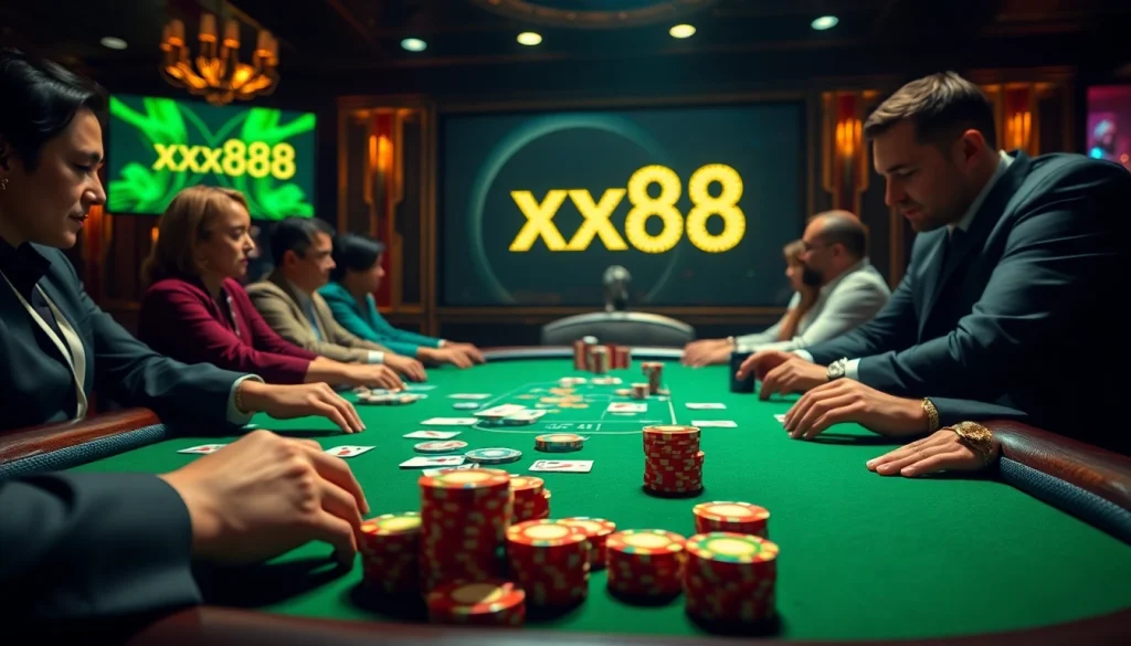 Players focus on a high-stakes poker game at XX88, showcasing excitement in a luxurious casino atmosphere.