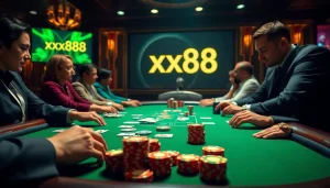 Players focus on a high-stakes poker game at XX88, showcasing excitement in a luxurious casino atmosphere.