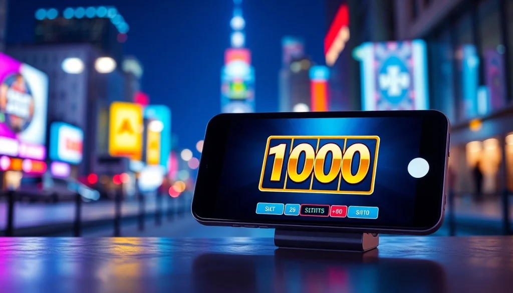 Permainan slot deposit 1000 portal interaktif dengan smartphone dan suasana kota yang ramai.
