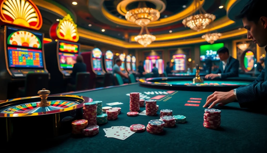 Experience thrilling gameplay at 32WIN with vibrant slot machines and engaging casino tables.