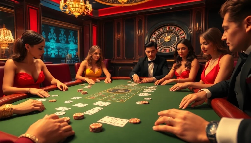 Engaged players at a high-stakes poker table enjoy the thrilling experience of w88, showcasing elegance and excitement.