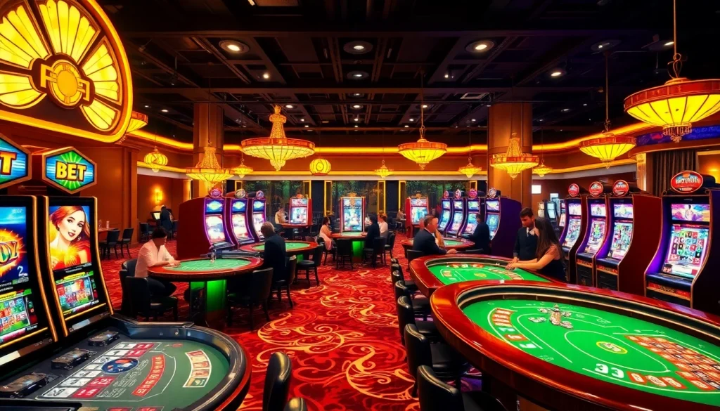 Players enjoying an exciting gaming experience at F8 BET casino tables filled with vibrant slot machines and roulette.