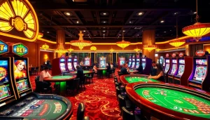 Players enjoying an exciting gaming experience at F8 BET casino tables filled with vibrant slot machines and roulette.
