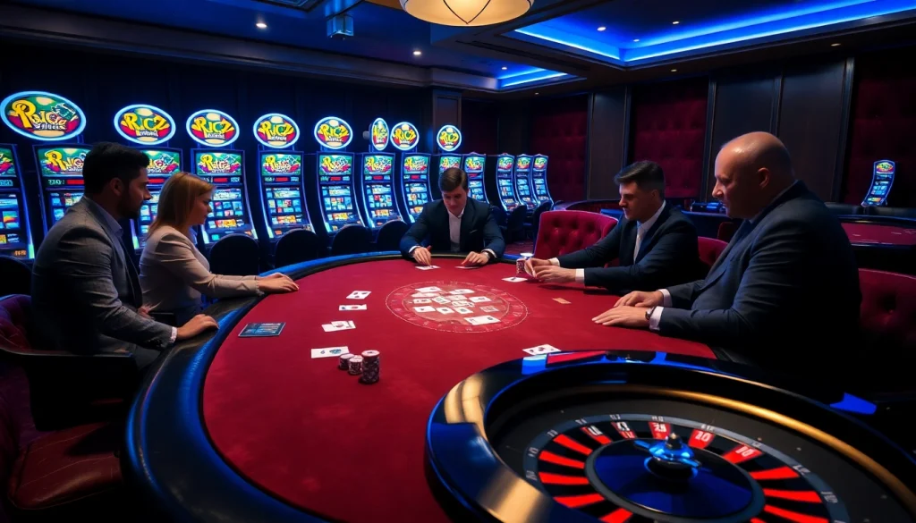 KJC players enjoying a high-stakes poker game at a luxurious casino table.
