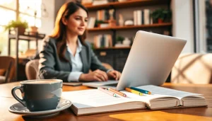 Engaging scene of a professional blogger at work in a cozy café, reflecting UK Lifestyle Blog themes.