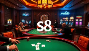 Experience S8 casino excitement with players at a luxurious poker table and a spinning roulette wheel.