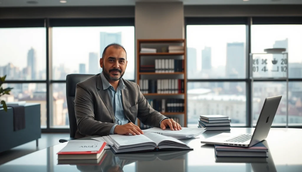 Traducteur assermenté arabe dans un cadre de bureau professionnel avec des documents et des livres