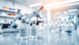 Showcase high purity peptides for labs in a modern laboratory with clear vials and scientific equipment.