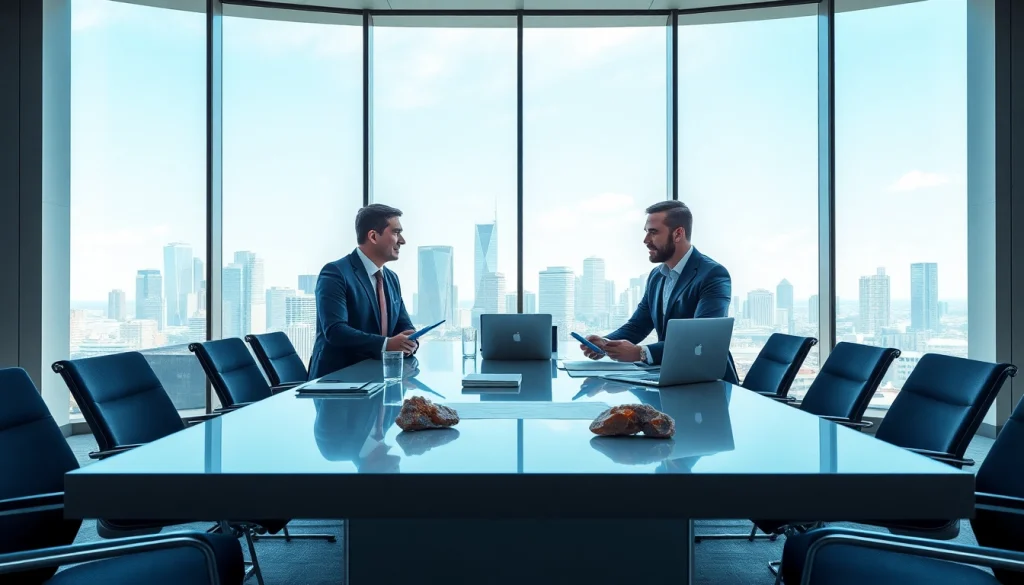 Ore brokers engaging in a professional negotiation in a modern office environment.