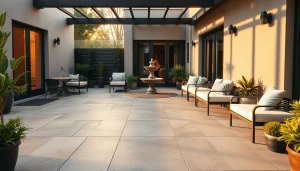Carrelage extérieur élégant sur une terrasse moderne, mettant en valeur des motifs de carreaux.