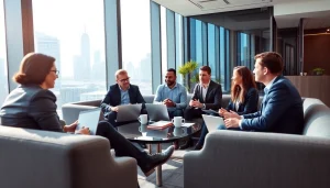 Engaging business meeting with diverse professionals discussing strategies and ideas.