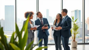 Engaged business team collaborating in a bright office, showcasing innovative practices.