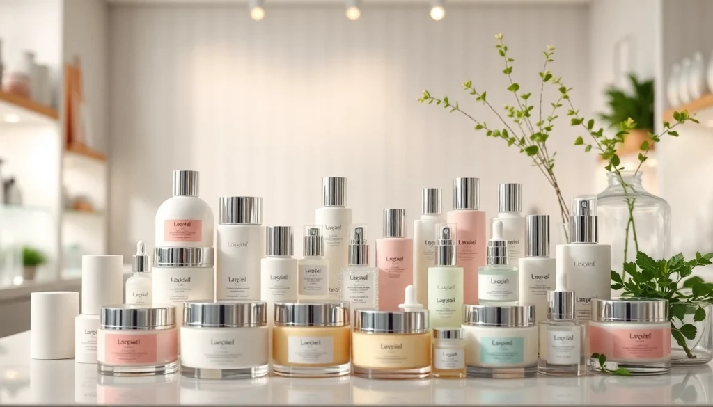 Utforska premium hudvårdsprodukter online som visas i en elegant hudvårdsbutik.