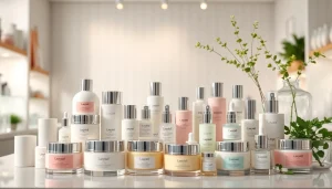 Utforska premium hudvårdsprodukter online som visas i en elegant hudvårdsbutik.