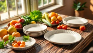 Showcasing compostable paper plates on a wooden table with healthy food, promoting eco-friendly choices.