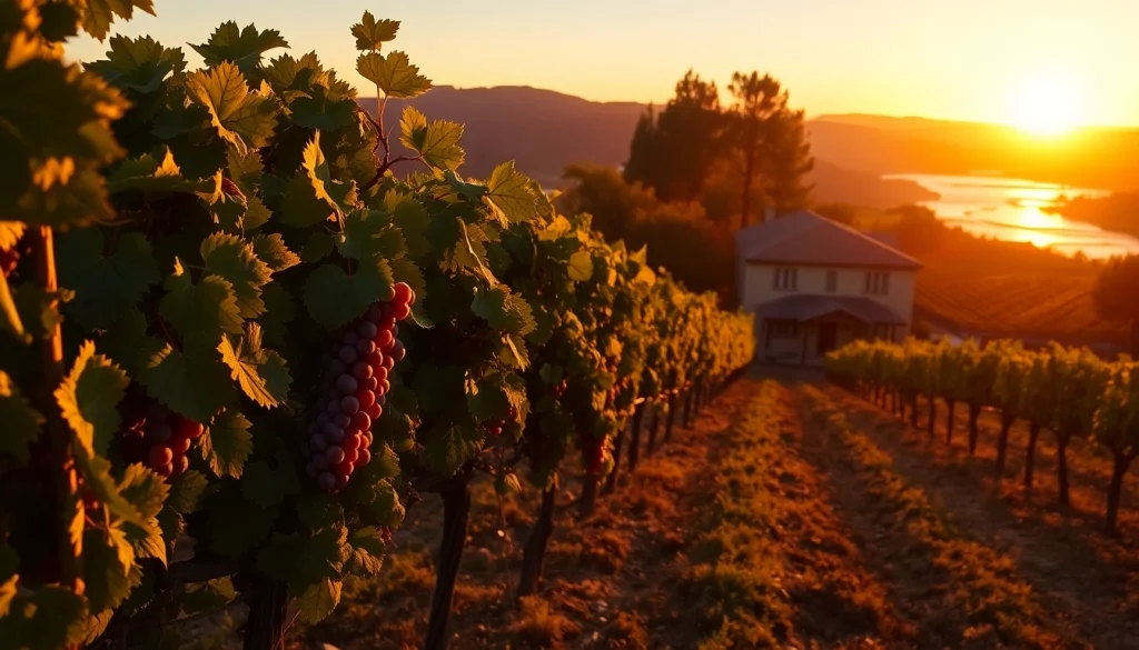 Vibrant vineyard landscape in Clarksburg, CA, showcasing sunset over grapevines.
