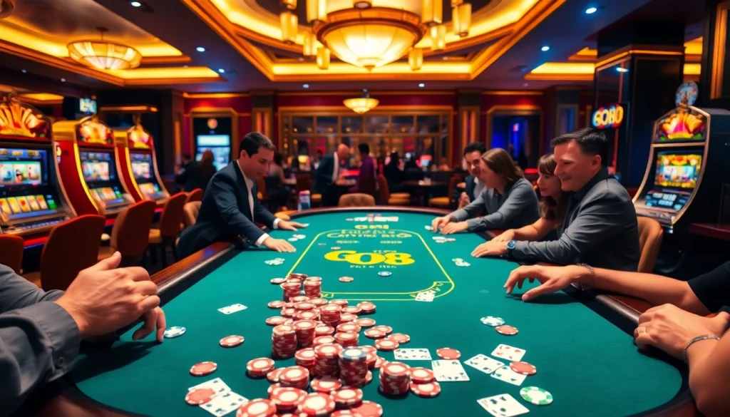GO8 players enjoying a thrilling poker game at a luxurious casino table with vibrant chips.