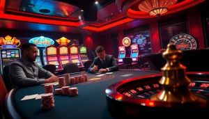 Experience thrilling gameplay at 79king's prestigious poker table with vibrant slot machines in the background.