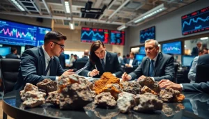 Dynamic action of ore brokers negotiating deals with mineral models on the table.