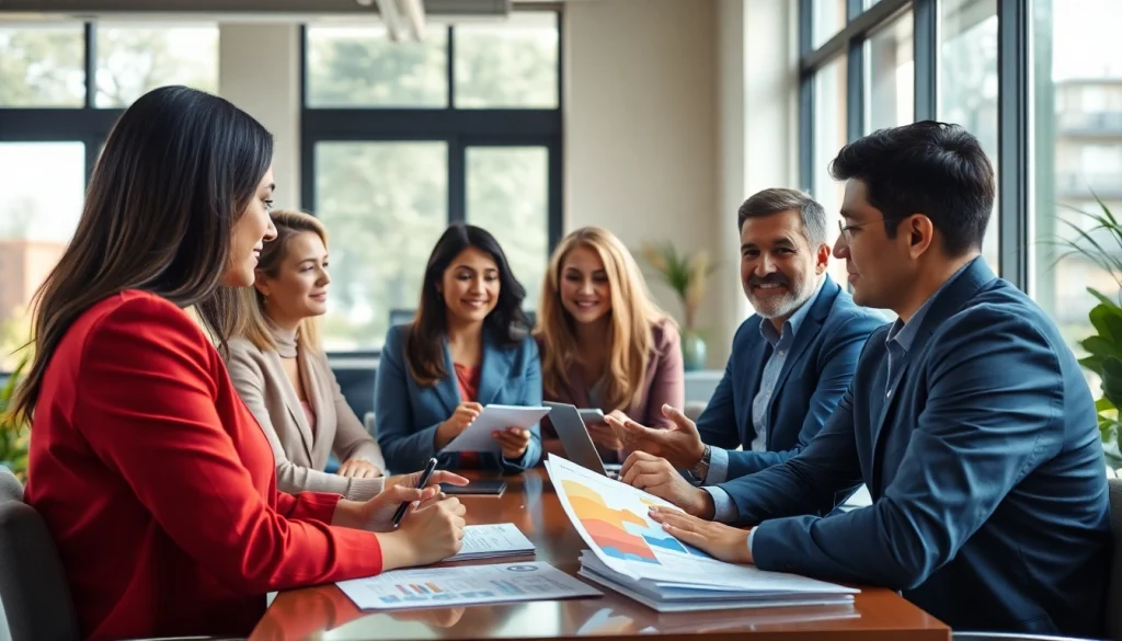 Real Estate agents discussing property options with clients in a warm, professional setting.