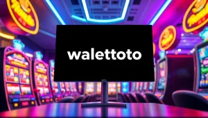 Memperlihatkan logo walettoto dalam lingkungan permainan slot digital yang berenergi tinggi.