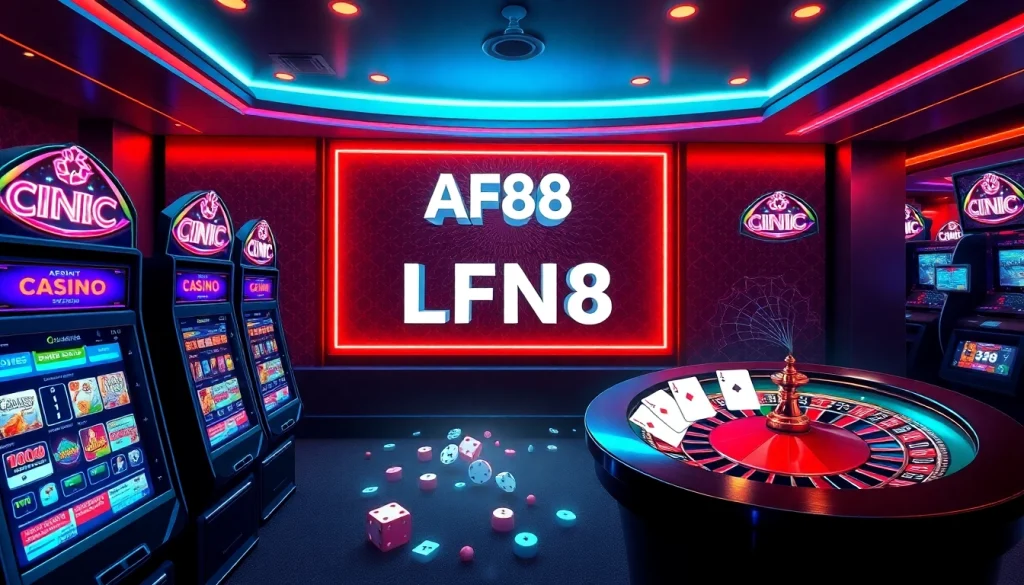 Engage with the AF88 LINK on a vibrant online casino interface featuring slot machines and roulette.