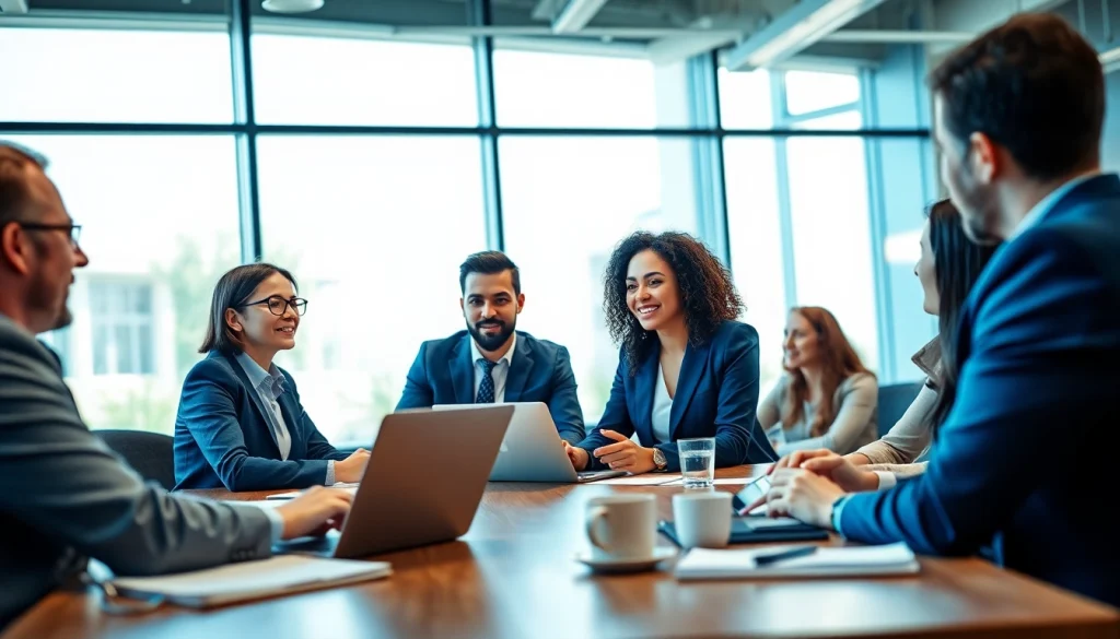 Business professionals collaborating in an innovative office setting with modern design.