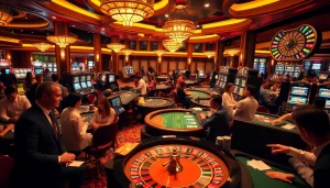 Gamblers engaging in high-stakes action at a 7m-themed casino gaming floor with roulette and poker tables.
