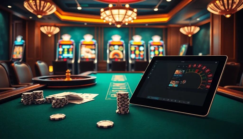 Engaging scene at 789p.green showcasing poker tables and slot machines in a luxurious casino.