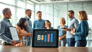 Group discussing health with bmi calculator charts and screens visible