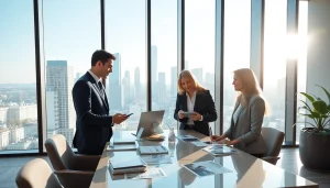 Real Estate agents discussing market strategies in a modern office environment with urban skyline.