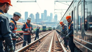Railway maintenance crew conducting track inspection with advanced tools in urban setting.