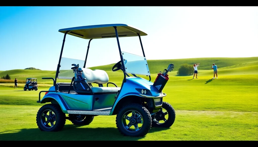 Sirius 6 lifted golf cart showcasing vibrant features on a sunny golf course.