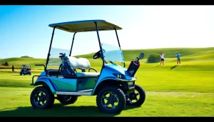 Sirius 6 lifted golf cart showcasing vibrant features on a sunny golf course.