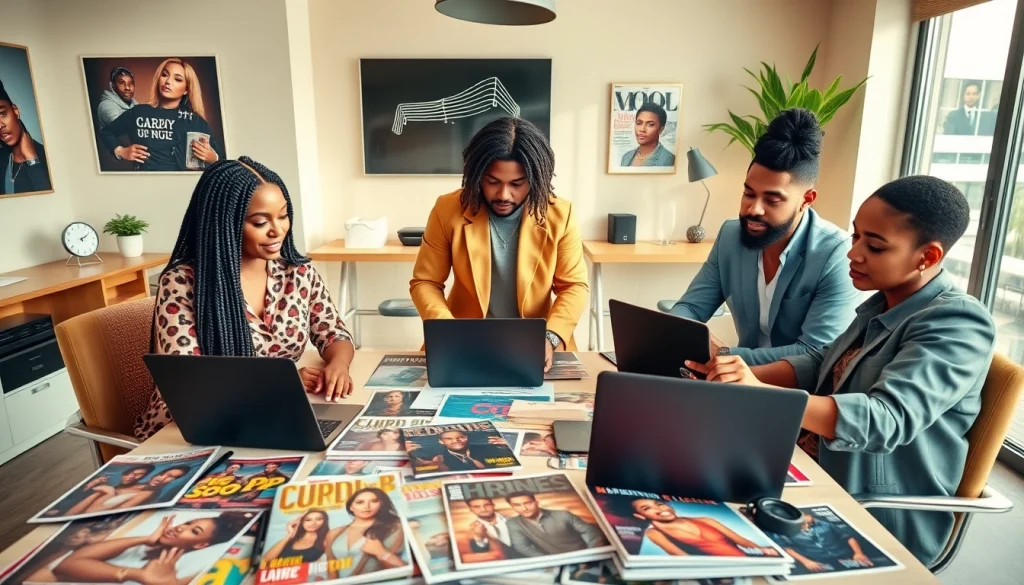 Hip hop publicist team collaborating in a vibrant office, showcasing client success with major artists.