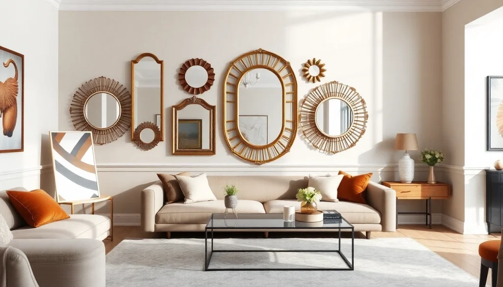 Showcase of exquisite mirrors from https://merithome.co.uk enhancing a stylish living room.