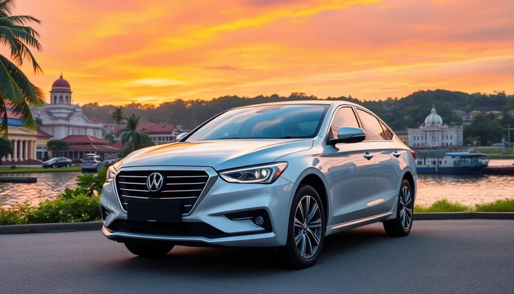 Kuching car hire with a sleek vehicle in a vibrant sunset over Sarawak River.