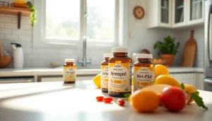 明るく温かいキッチンに並ぶ高品質な葉酸サプリのコレクション。