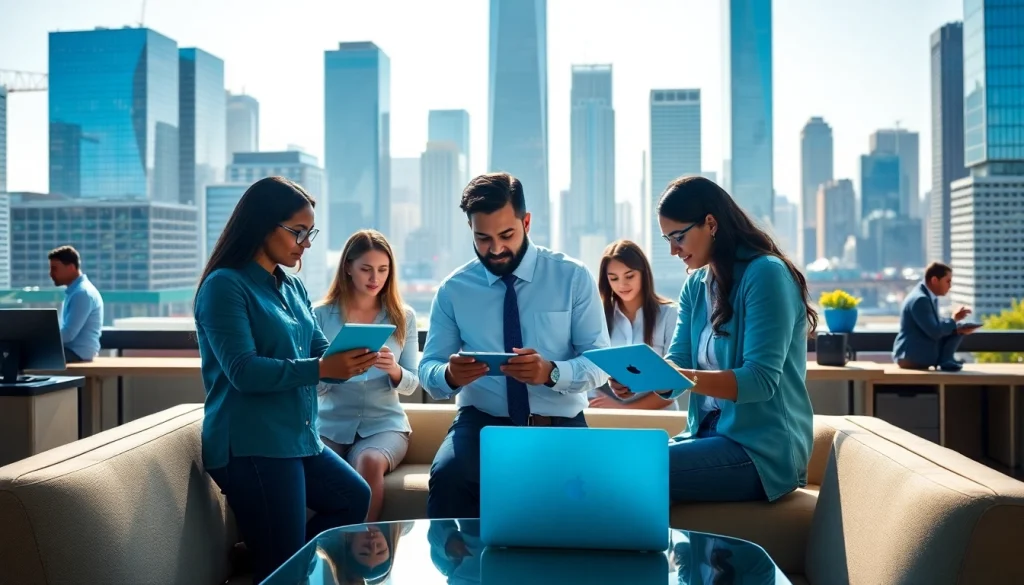 Digital marketing agency team collaborating in a modern workspace, showcasing innovation.