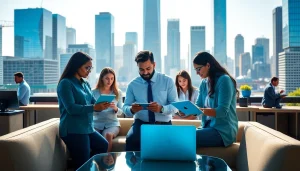 Digital marketing agency team collaborating in a modern workspace, showcasing innovation.