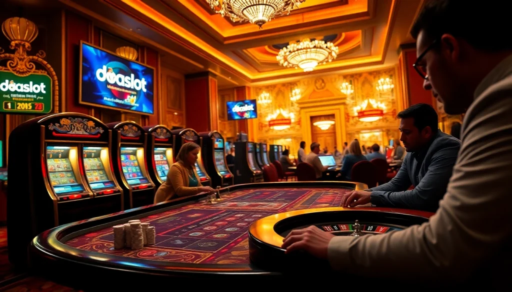 Experience high-stakes excitement at doaslot's luxurious casino tables with vibrant slot machines.
