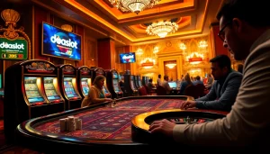 Experience high-stakes excitement at doaslot's luxurious casino tables with vibrant slot machines.