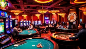 Engage in the thrilling game go88 with vibrant casino elements like tables, chips, and players.