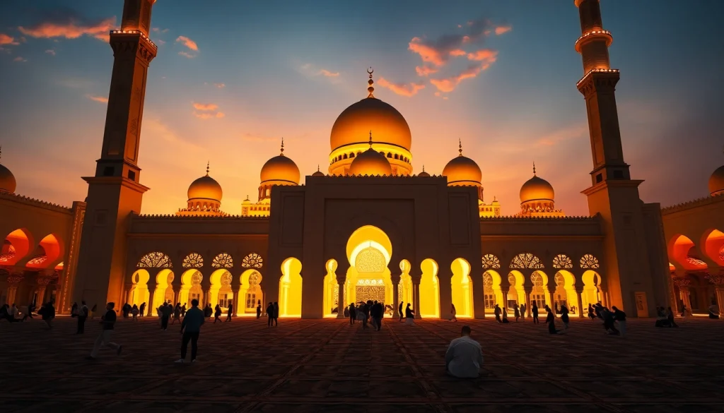 Prayer time scene at a Dubai mosque, highlighting community and spirituality through warm sunset hues and intricate architecture.
