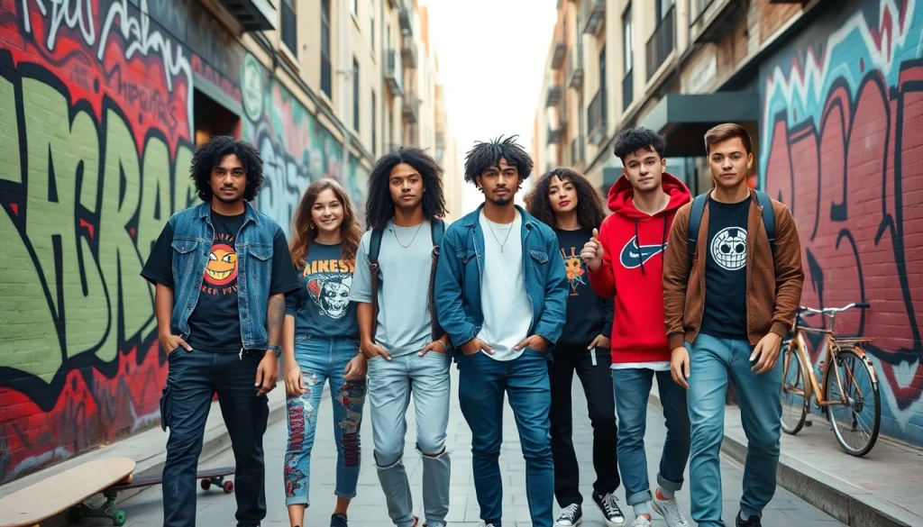 Trendy unisex streetwear showcased in a vibrant urban setting with diverse youth.