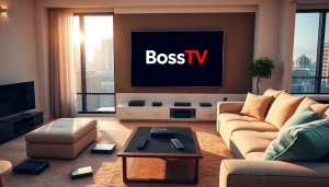 Stream premium content with IPTV services at https://bosstv.ca in a cozy modern living room setting.