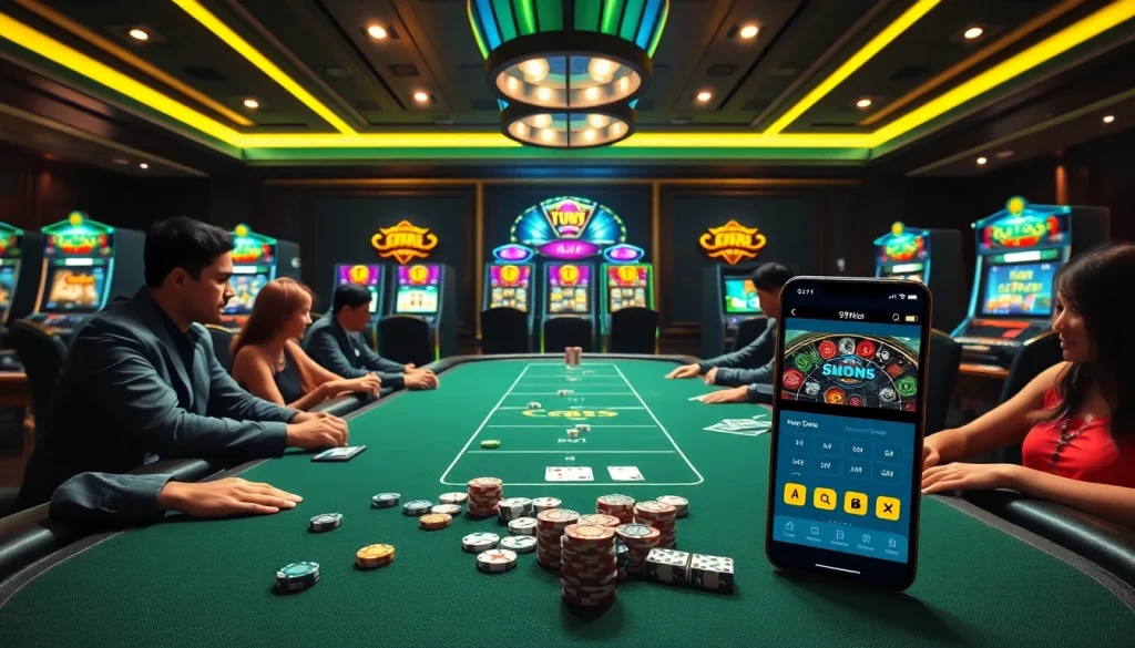 Gamers enjoying the thrilling 918kiss casino experience with vibrant slot machines and a sleek gaming table.